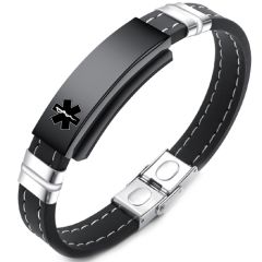***COI Titanium Black Silver Medical Alert Genuine Leather Bracelet With Steel Clasp(Length: 8.27 inches)-00283BB