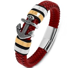 ***COI Titanium Black Gold Tone Silver Anchor Genuine Leather Bracelet With Steel Clasp(Length: 8.85 inches)-00284BB