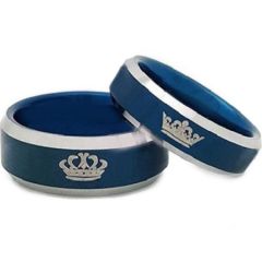 *COI Titanium Blue Silver King Queen Crown Beveled Edges Ring-JT4041