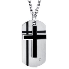 ***COI Titanium Black Silver Cross & Dog Tag Pendant With Cubic Zirconia-00313BB