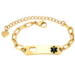 ***COI Titanium Gold Tone/Silver Medical Alert Heart Bracelet For Children With Steel Clasp(Length: 5.90 inches)-00317BB