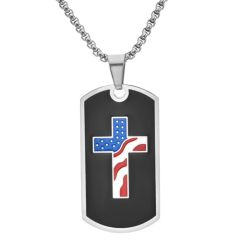 ***COI Titanium Black/Gold Tone/Silver Cross Tag Pendant With American Flag-00331BB
