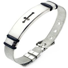 ***COI Titanium Black Silver Cross Bracelet With Steel Clasp(Length: 8.27 inches)-00340BB