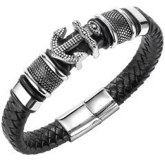 ***COI Titanium Black Silver Anchor Genuine Leather Bracelet With Steel Clasp(Length: 8.46 inches)-00341BB