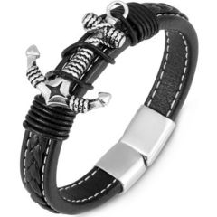 ***COI Titanium Black Silver Anchor Genuine Leather Bracelet With Steel Clasp(Length: 8.27 inches)-00344BB
