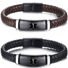 ***COI Black Silver Titanium Medical Alert Genuine Leather Bracelet With Steel Clasp(Length: 8.27 inches)-00356BB