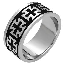 ***COI Titanium Black Silver Cross Pipe Cut Flat Ring-00378BB