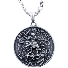 ***COI Titanium Black Silver St Michael Protect Us Pendant-00430BB