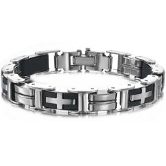 ***COI Titanium Black Silver Cross Bracelet With Steel Clasp(Length: 8.27 inches)-00458BB