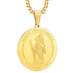 ***COI Titanium Black/Gold Tone Saint Christopher Protect Us Pendant-00483BB