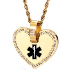 ***COI Titanium Gold Tone/Silver Medical Alert Heart Pendant With Cubic Zirconia-00486BB