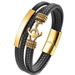 ***COI Gold Tone Titanium Anchor Genuine Leather Bracelet With Steel Clasp(Length: 9.06 inches)-00492BB