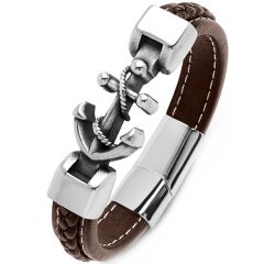 ***COI Titanium Black Silver Anchor Genuine Leather Bracelet With Steel Clasp(Length: 8.86 inches)-00500BB