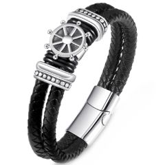 ***COI Titanium Ship's Wheel Genuine Leather Bracelet With Steel Clasp(Length: 8.27 inches)-00533BB