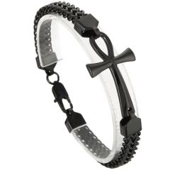 ***COI Titanium Black/Gold Tone Silver Cross Bracelet With Steel Clasp(Length: 8.66 inches)-00559BB