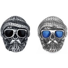 ***COI Titanium Black Silver Skull Ring With Created Blue Sapphire/Black Onyx-00569BB
