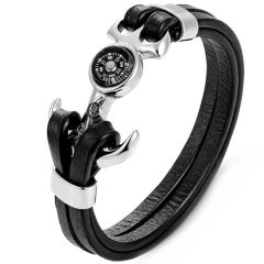 ***COI Titanium Gold Tone/Silver Anchor & Compass Genuine Leather Bracelet With Steel Clasp(Length: 8.27 inches)-00586BB