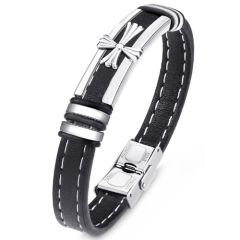 ***COI Titanium Cross Genuine Leather Bracelet With Steel Clasp(Length: 8.27 inches)-00587BB