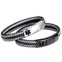 ***COI Titanium Black/Silver Medical Alert Genuine Leather Bracelet With Steel Clasp(Length: 8.27 inches)-00612BB