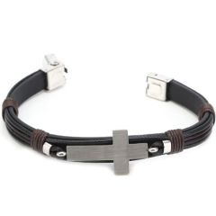 ***COI Titanium Cross Genuine Leather Bracelet With Steel Clasp(Length: 8.27 inches)-00616BB