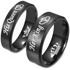 ***COI Black Titanium His Queen Her King Beveled Edges Ring-00620BB