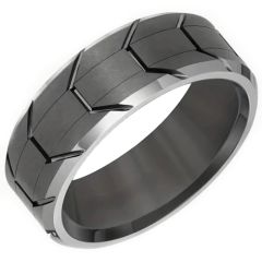 ***COI Titanium Black Silver Grooves Beveled Edges Ring-00654BB