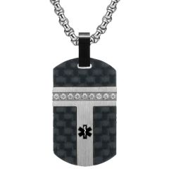 ***COI Titanium Black/Gold Tone Silver Medical Alert Carbon Fiber Pendant With Cubic Zirconia-00657BB