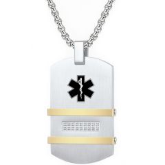 ***COI Titanium Black/Gold Tone Silver Medical Alert Tag Pendant With Cubic Zirconia-00661BB