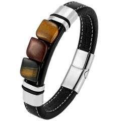 ***COI Titanium Black/Gold Tone/Silver Tiger Eyes Genuine Leather Bracelet With Steel Clasp(Length: 8.27 inches)-00664BB