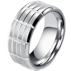 ***COI Titanium Black/Silver Grooves Beveled Edges Ring-00670BB