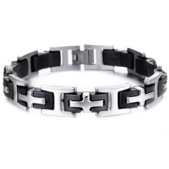 ***COI Titanium Black Silver Cross Bracelet With Steel Clasp(Length: 8.27 inches)-00683BB