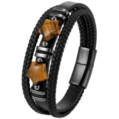 ***COI Black Titanium Tiger Eyes Stars Genuine Leather Bracelet With Steel Clasp(Length: 9.06 inches)-00697BB