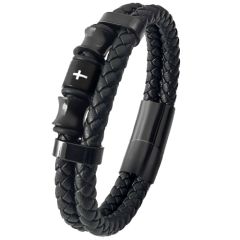 ***COI Black Titanium Cross Genuine Leather Bracelet With Steel Clasp(Length: 8.07 inches)-00722BB