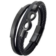 ***COI Black Titanium Infinity Genuine Leather Bracelet With Steel Clasp(Length: 8.07 inches)-00723BB