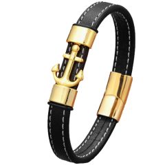 ***COI Titanium Black/Gold Tone/Silver Anchor Genuine Leather Bracelet With Steel Clasp(Length: 8.27 inches)-00724BB