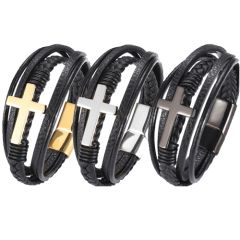 ***COI Titanium Black/Gold Tone/Silver Cross Genuine Leather Bracelet With Steel Clasp(Length: 8.27 inches)-00726BB