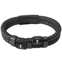 ***COI Black Titanium Cross Genuine Leather Bracelet With Steel Clasp(Length: 8.07 inches)-00729BB