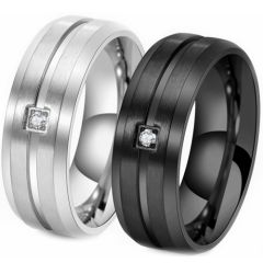 ***COI Titanium Black/Gold Tone/Silver Center Groove Beveled Edges Ring With Cubic Zirconia-00783BB