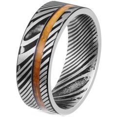 ***COI Titanium Black Silver Damascus Ring With Wood-00809BB