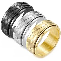 ***COI Titanium Black/Gold Tone/Silver Grooves Step Edges Ring-00814BB