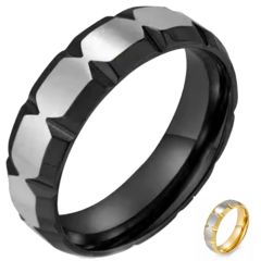 ***COI Titanium Black/Gold Tone Silver Grooves Ring-00815BB