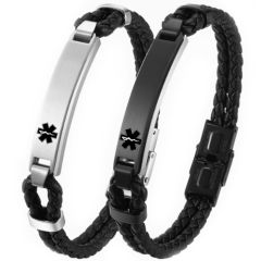 ***COI Titanium Black/Silver Medical Alert Genuine Leather Bracelet With Steel Clasp(Length: 8.27 inches)-00836BB
