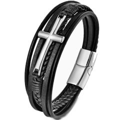 ***COI Titanium Cross Genuine Leather Bracelet With Steel Clasp(Length: 9.06 inches)-00837BB