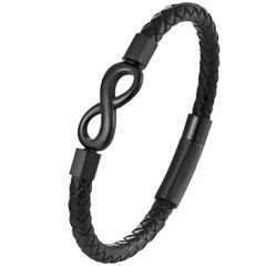 ***COI Black Titanium Infinity Genuine Leather Bracelet With Steel Clasp(Length: 9.06 inches)-00839BB