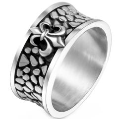 ***COI Titanium Black Silver Fleur De Lis Ring-00854BB