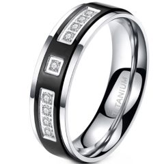 ***COI Titanium Black Silver Step Edges Ring With Cubic Zirconia-00859BB