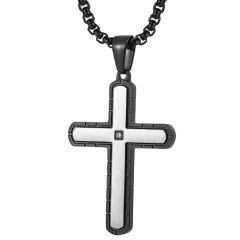 ***COI Titanium Black Silver Cross Pendant With Cubic Zirconia-00865BB