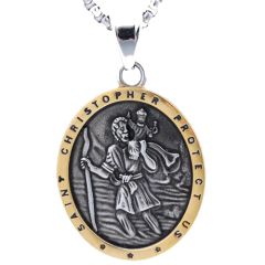 ***COI Titanium Black Gold Tone/Silver Saint Christopher Protect Us Pendant-00868BB