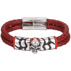 ***COI Titanium Black Silver Skull Genuine Leather Bracelet With Steel Clasp(Length: 9.06 inches)-00871BB