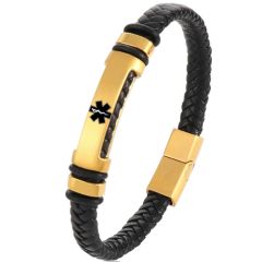 ***COI Titanium Black/Gold Tone/Silver Medical Alert Genuine Leather Bracelet With Steel Clasp(Length: 8.27 inches)-00877BB